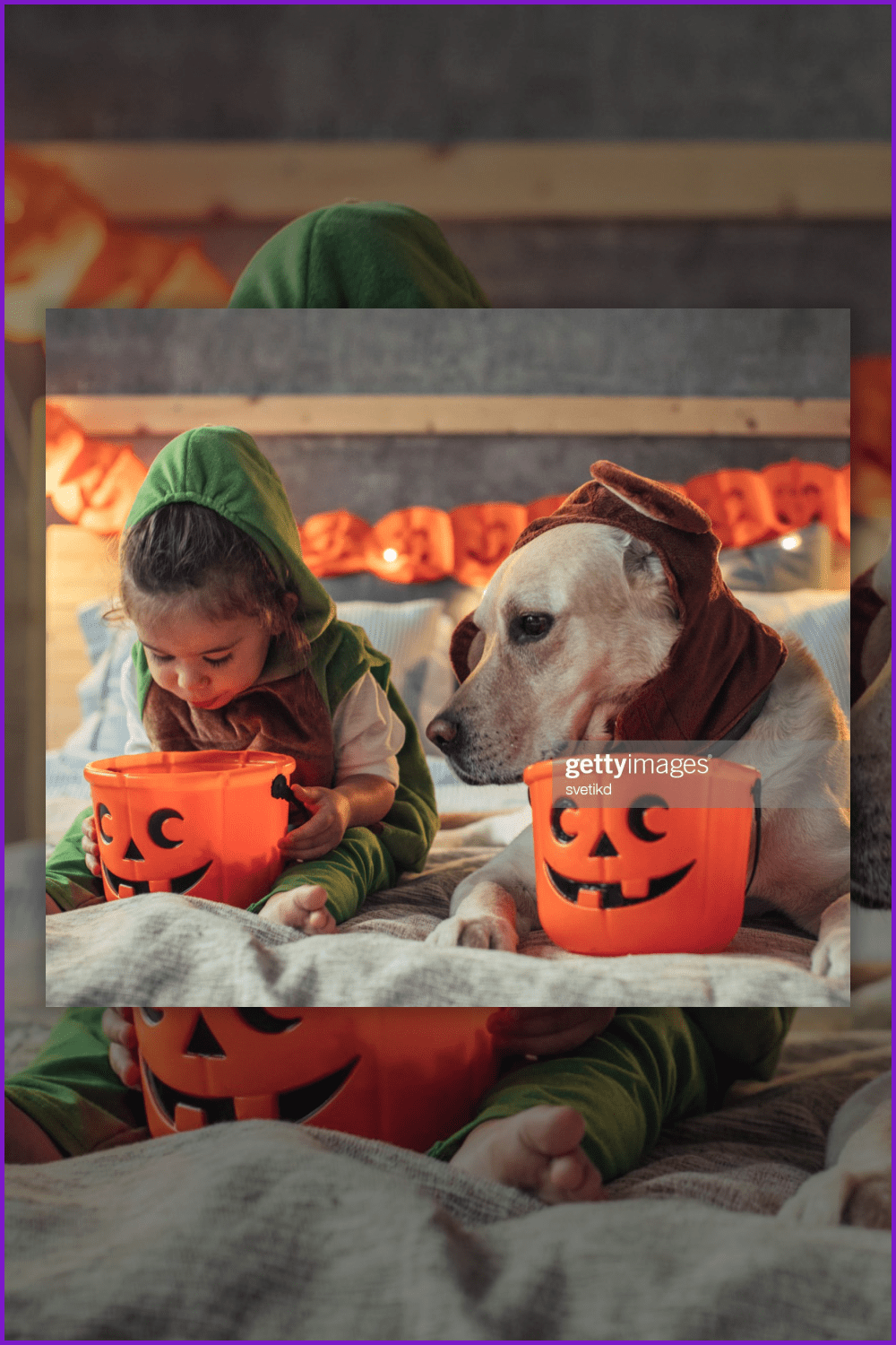 Girl and white labrador in halloween costumes.