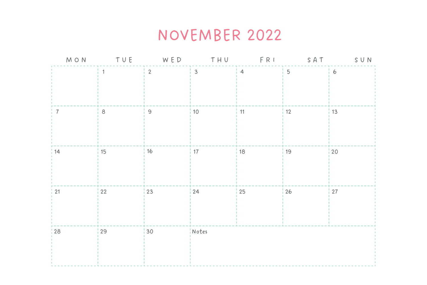 November calendar with pink lettering and space for notes.