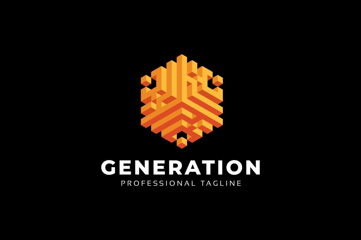 A orange 3d hexagon abstract logo with a white lettering "Generation professional tagline" on a black background.