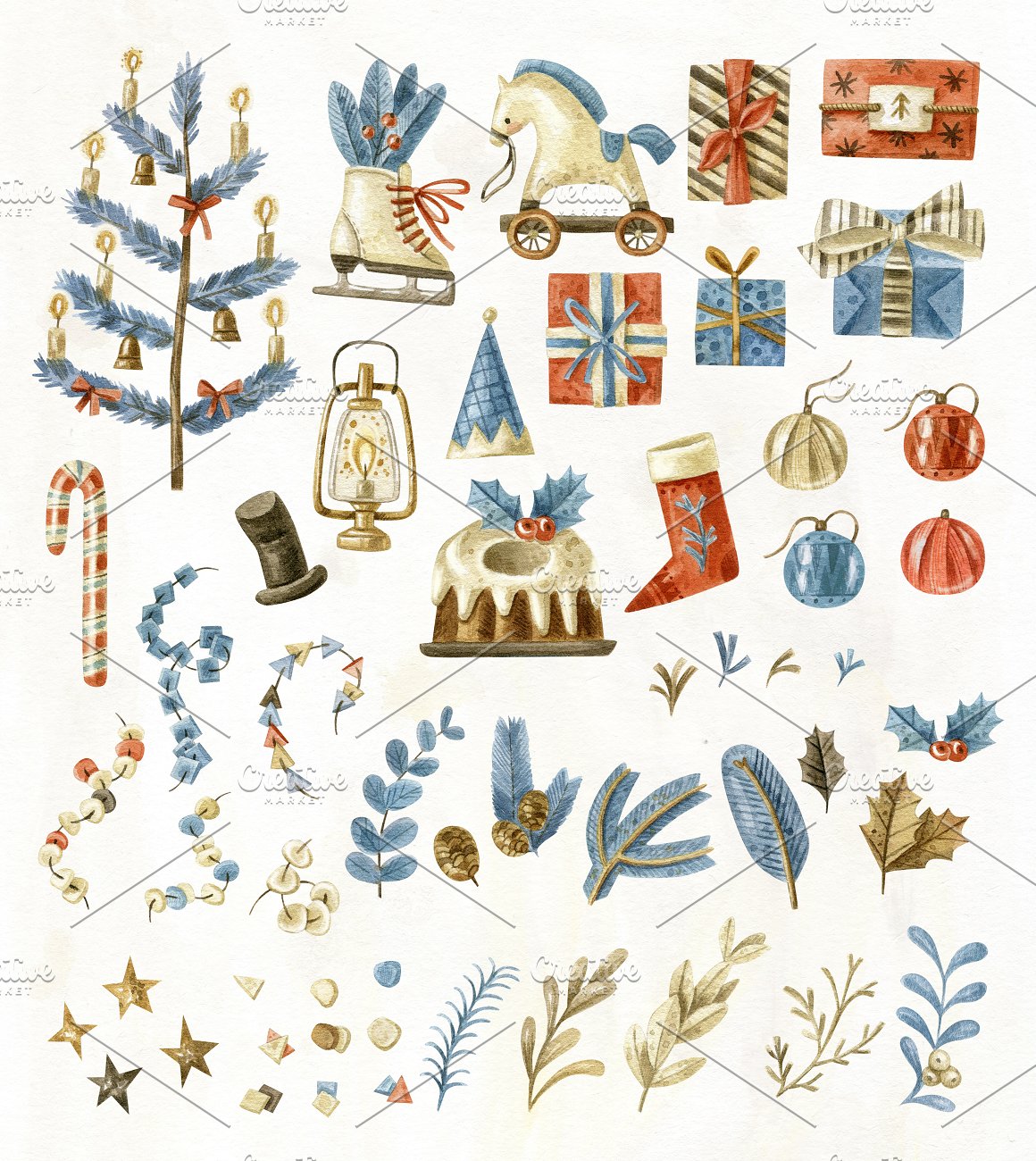 A set of different Christmas elements in blue, red and golden on a white background.