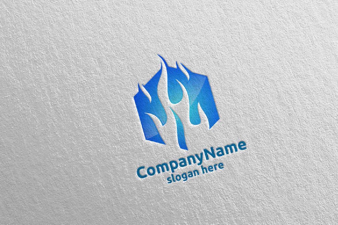 A blue 3D fire flame element logo and blue lettering "CompanyName slogan here" on a gray background.