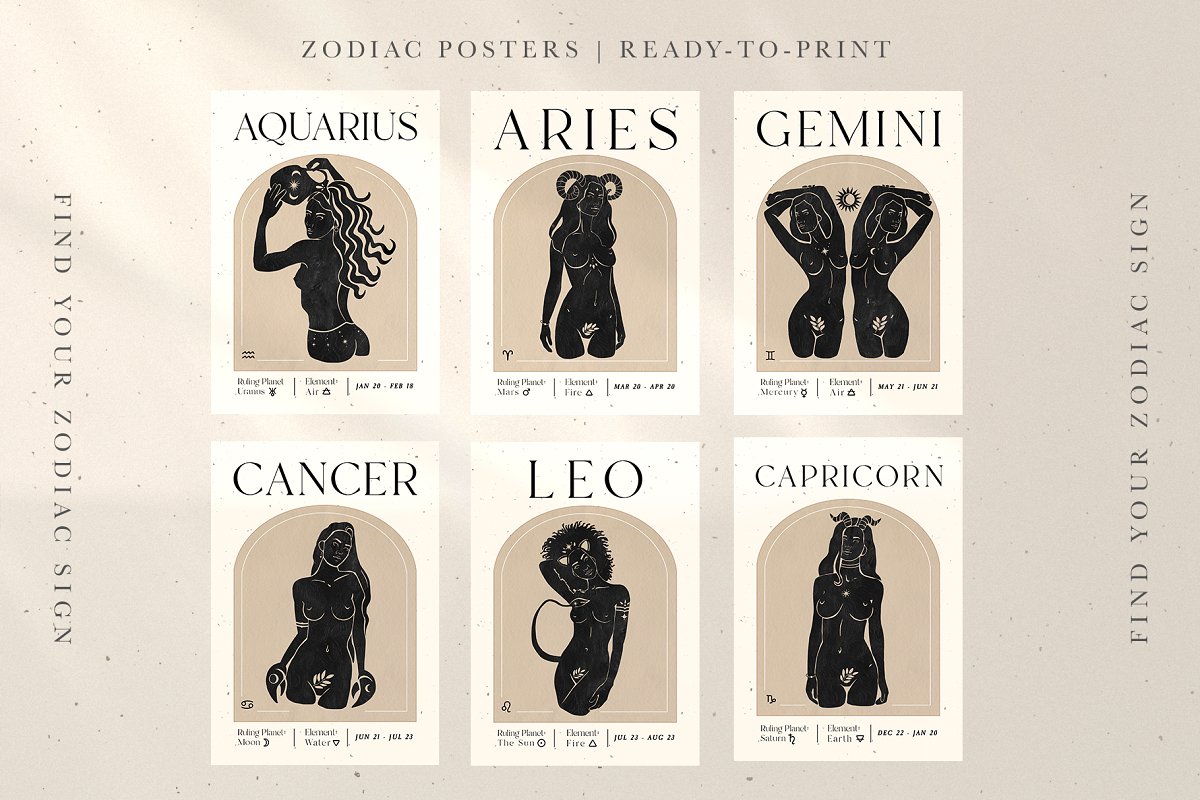 Gorgeous zodiac posters that are ready to print.