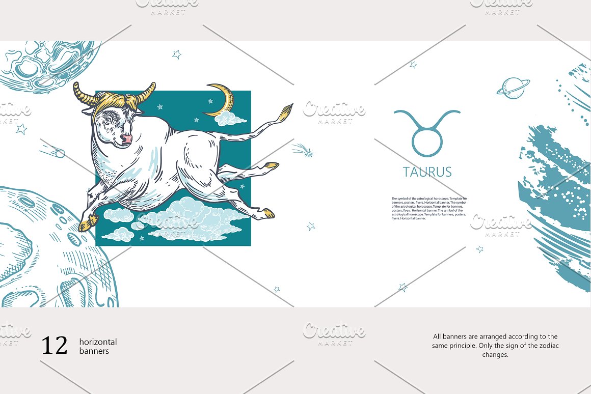 A white-turquoise illustration with a funny zodiac sign - Taurus on a gray and white background.