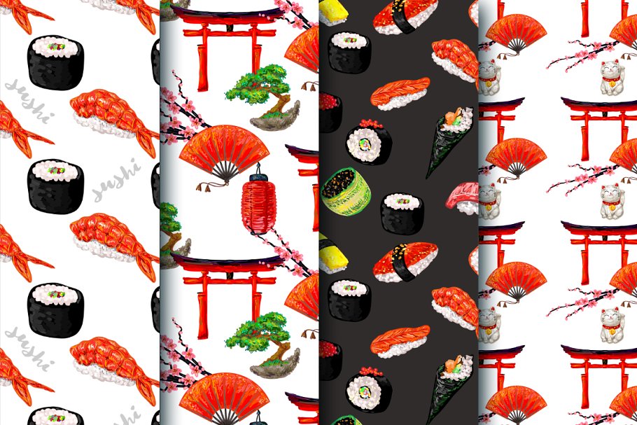 Colorful patterns with sushi and other themed elements.
