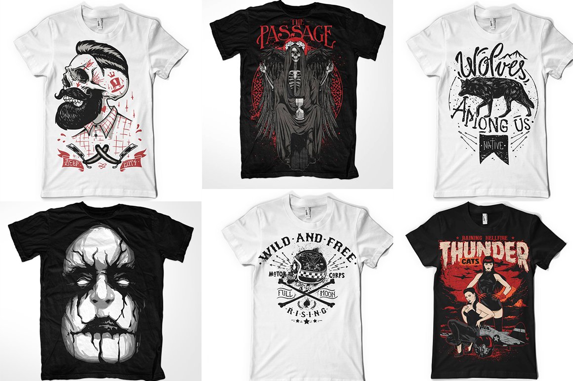 White and black t-shirts with the creative illustrations.