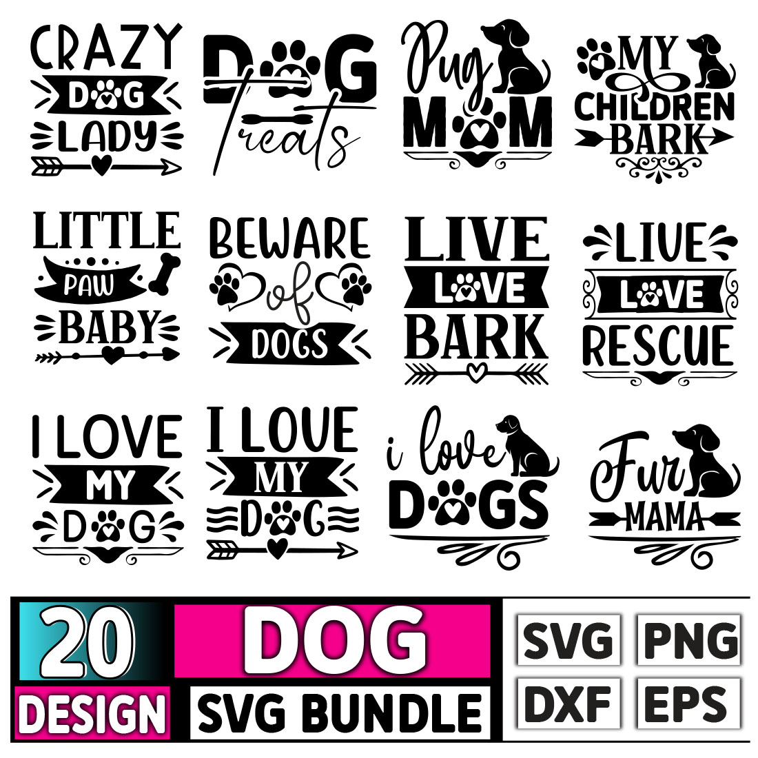 Set of 20 dog svg designs.