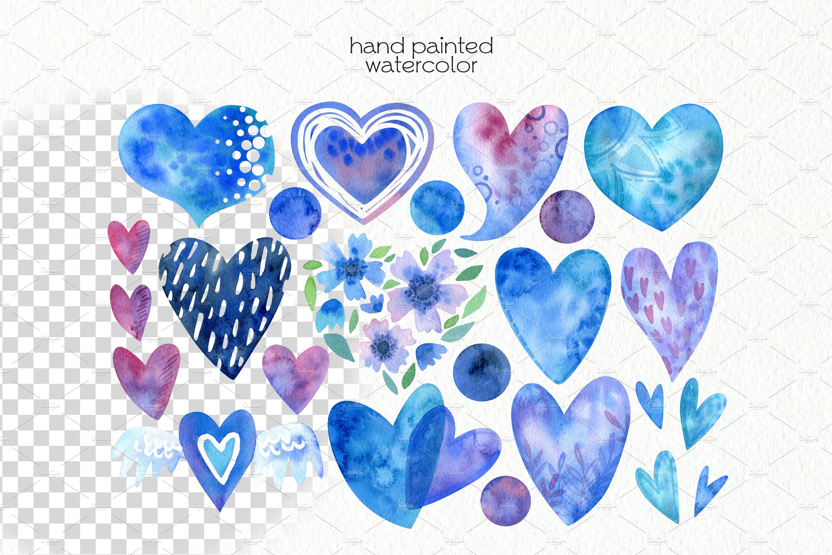 Diverse of watercolor blue hearts.