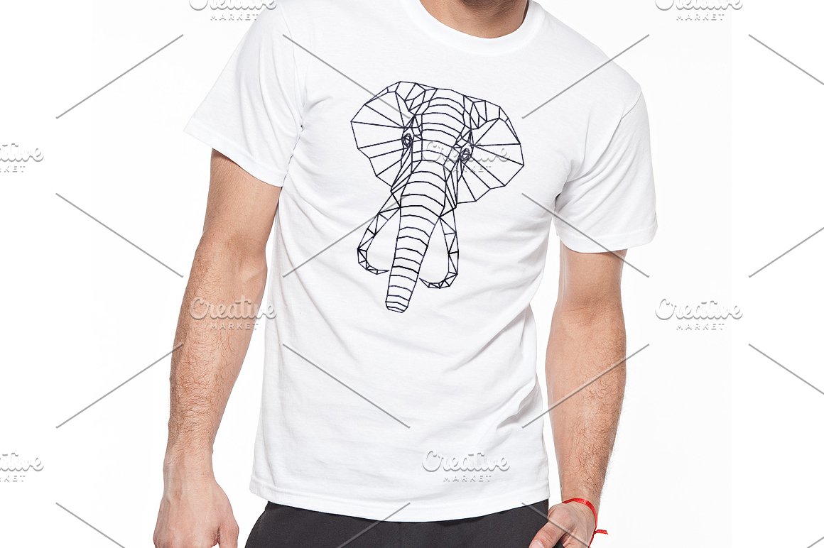 Black outline elephant on the classic white t-shirt.