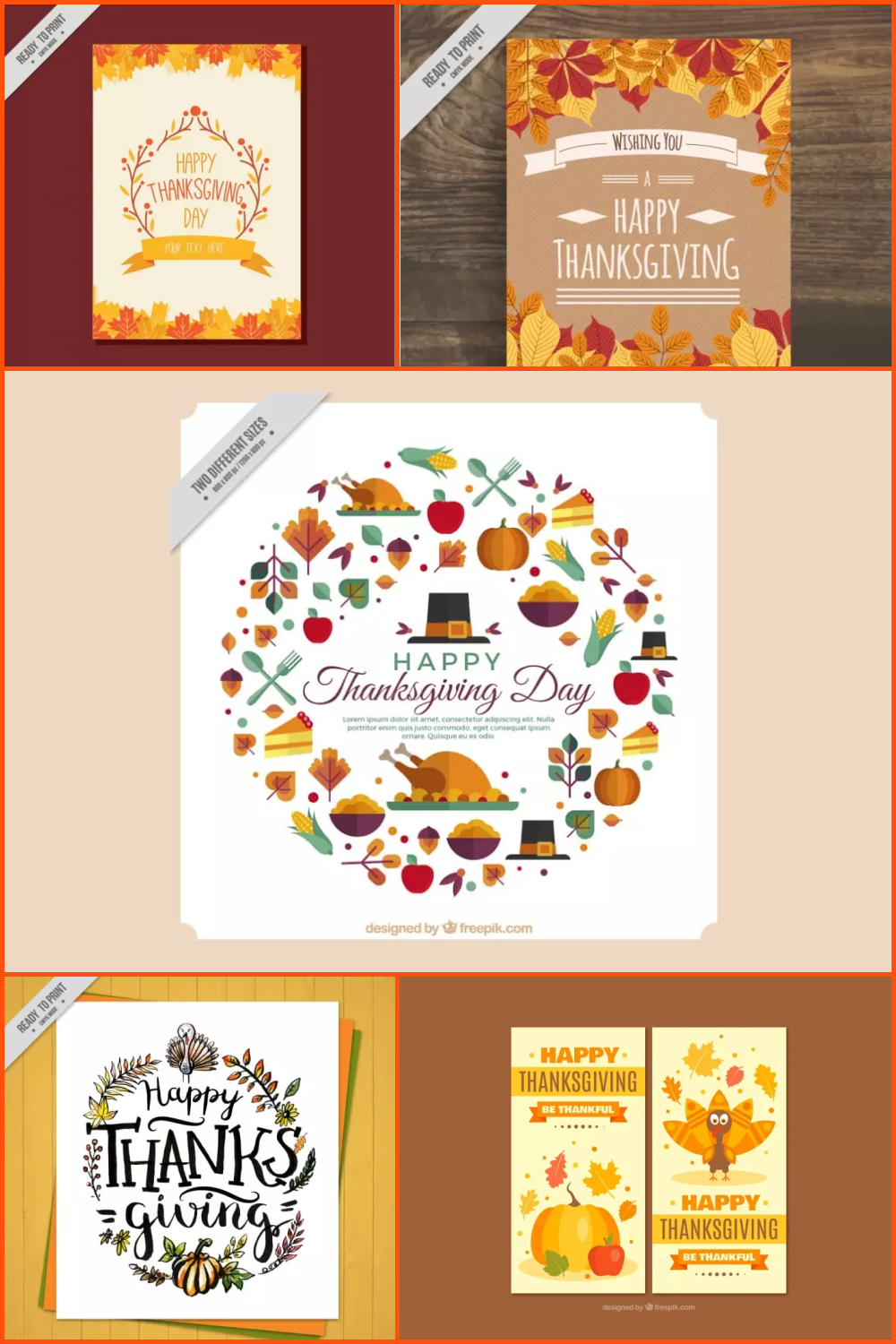 Collage of colorful thanksgiving cards with turkeys and leaves.