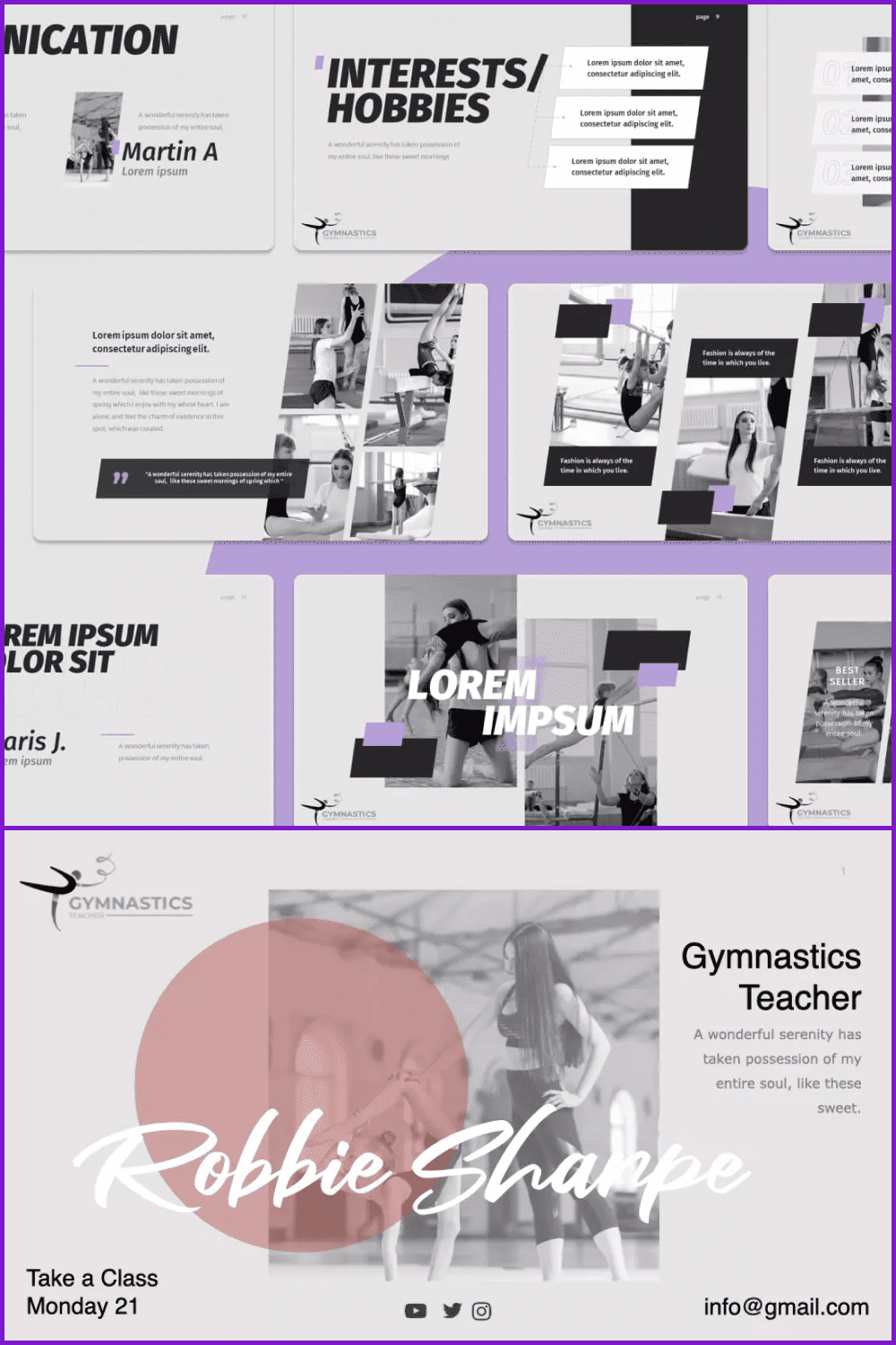 Collage of presentation pages with photos of a gymnast with a beige background.