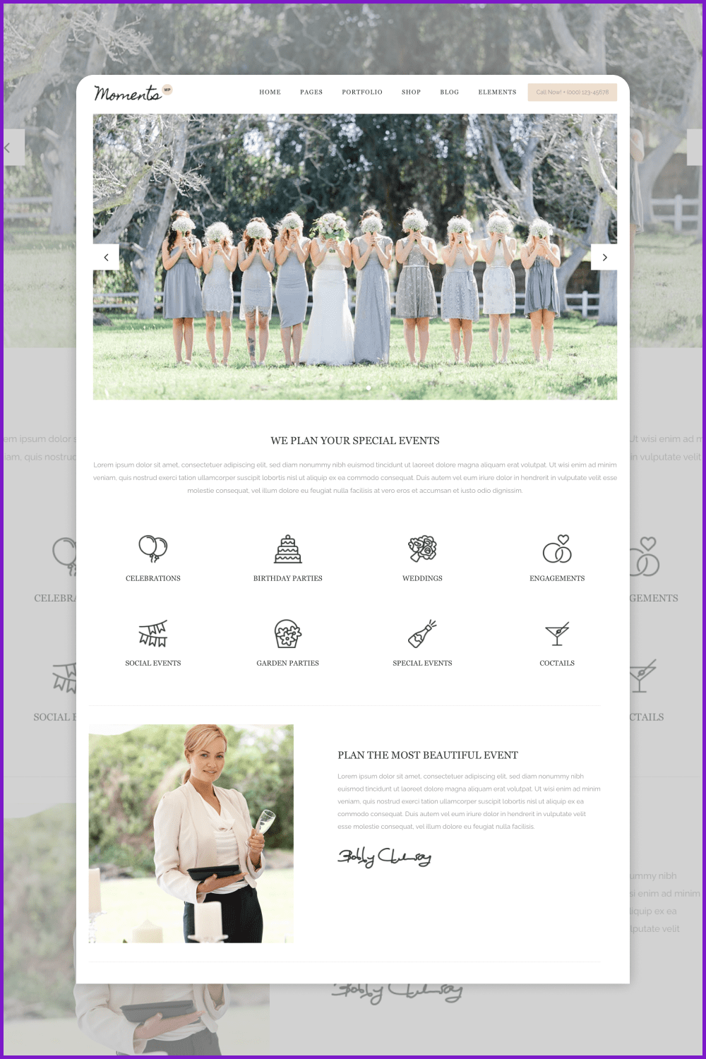 WordPress site page with a large photo of the bride with bridesmaids and bright icons.