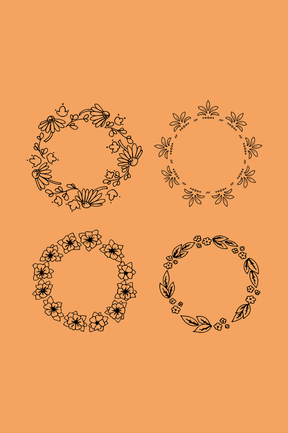 Set of Hand Drawn Round Doodle Floral with Leaves Vector pinterest image.