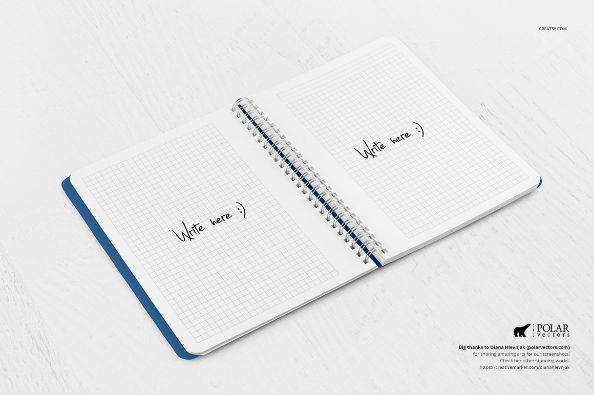 Blue notebook in open view with 2 black letterings "Write here :)" on a white background.