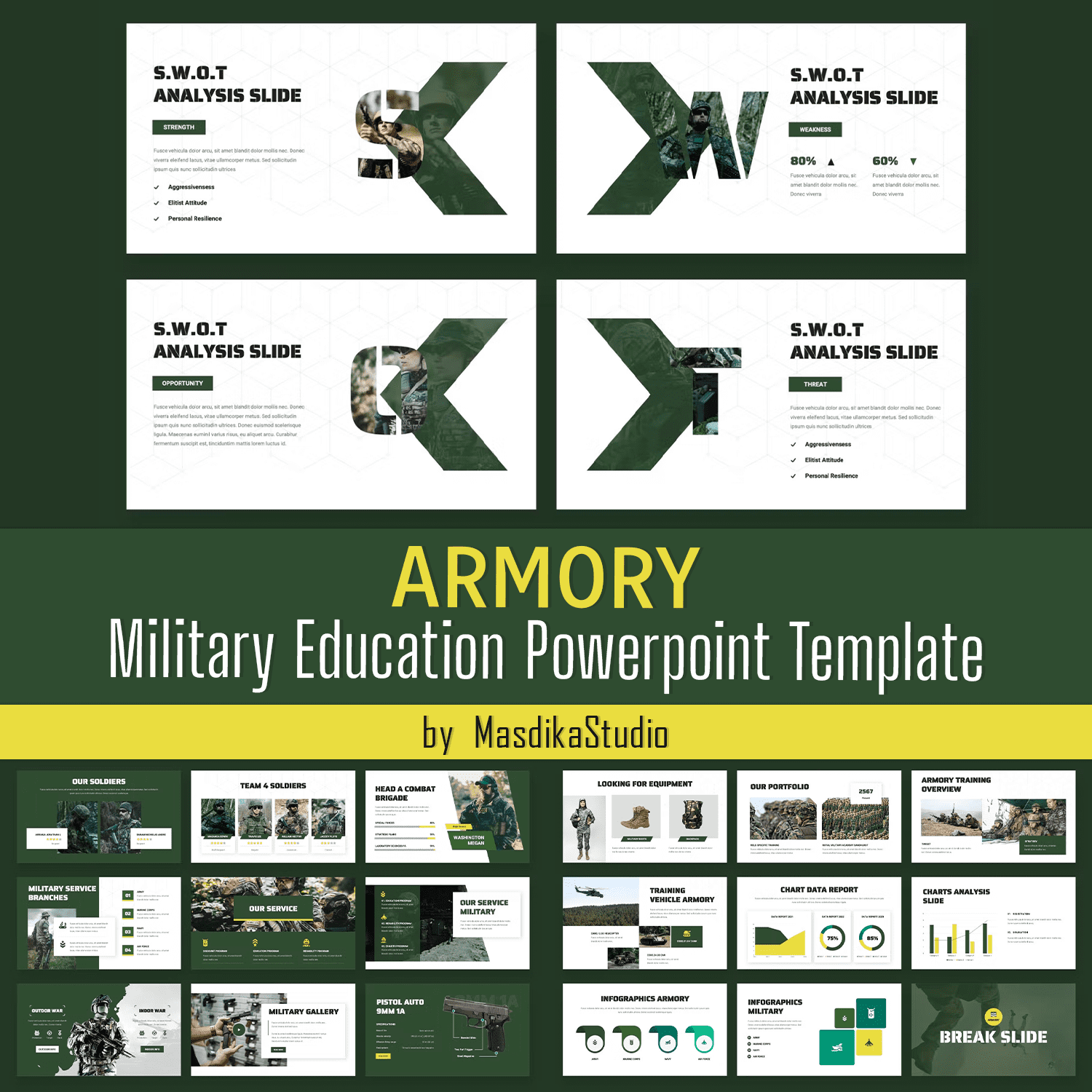 Cover - yellow lettering "ARMORY" and white lettering "Military Education Powerpoint Template" and different presentation templates on a dark green background.