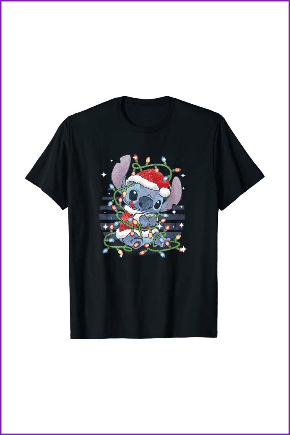 T-shirt with Stitch in a Santa Claus suit covered with colorful lights.