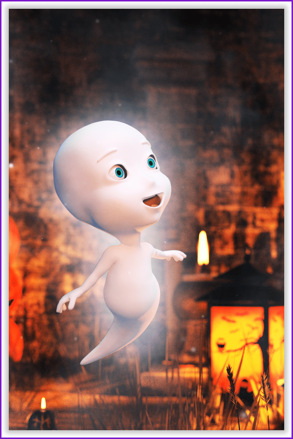 White ghost against the background of orange lamps.