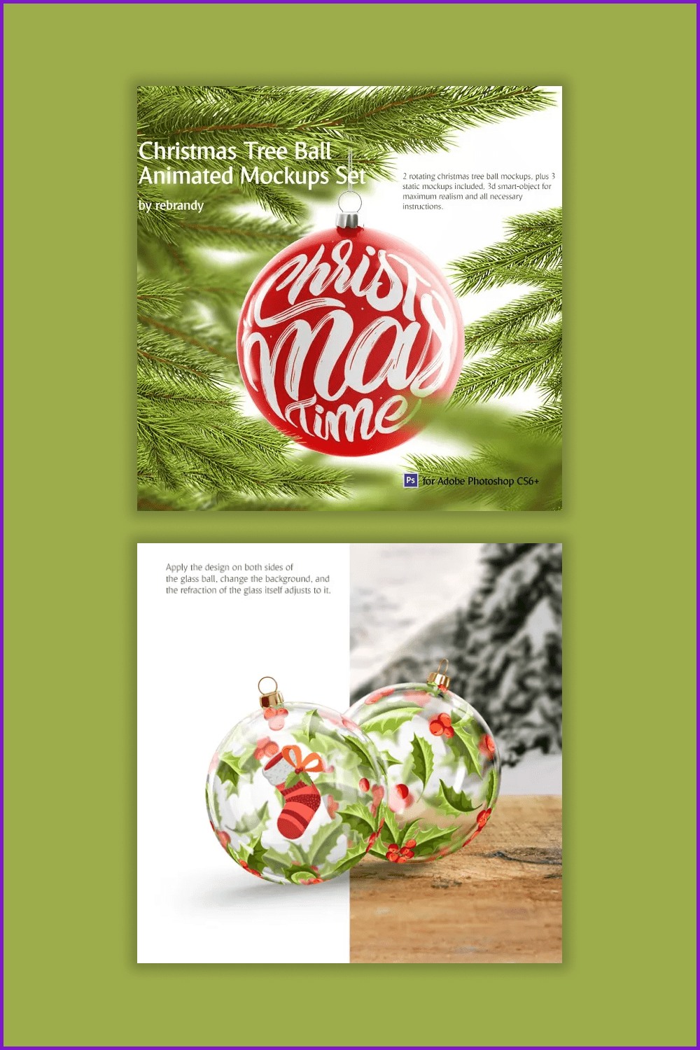 Collage of photos with hand-painted Christmas balls.