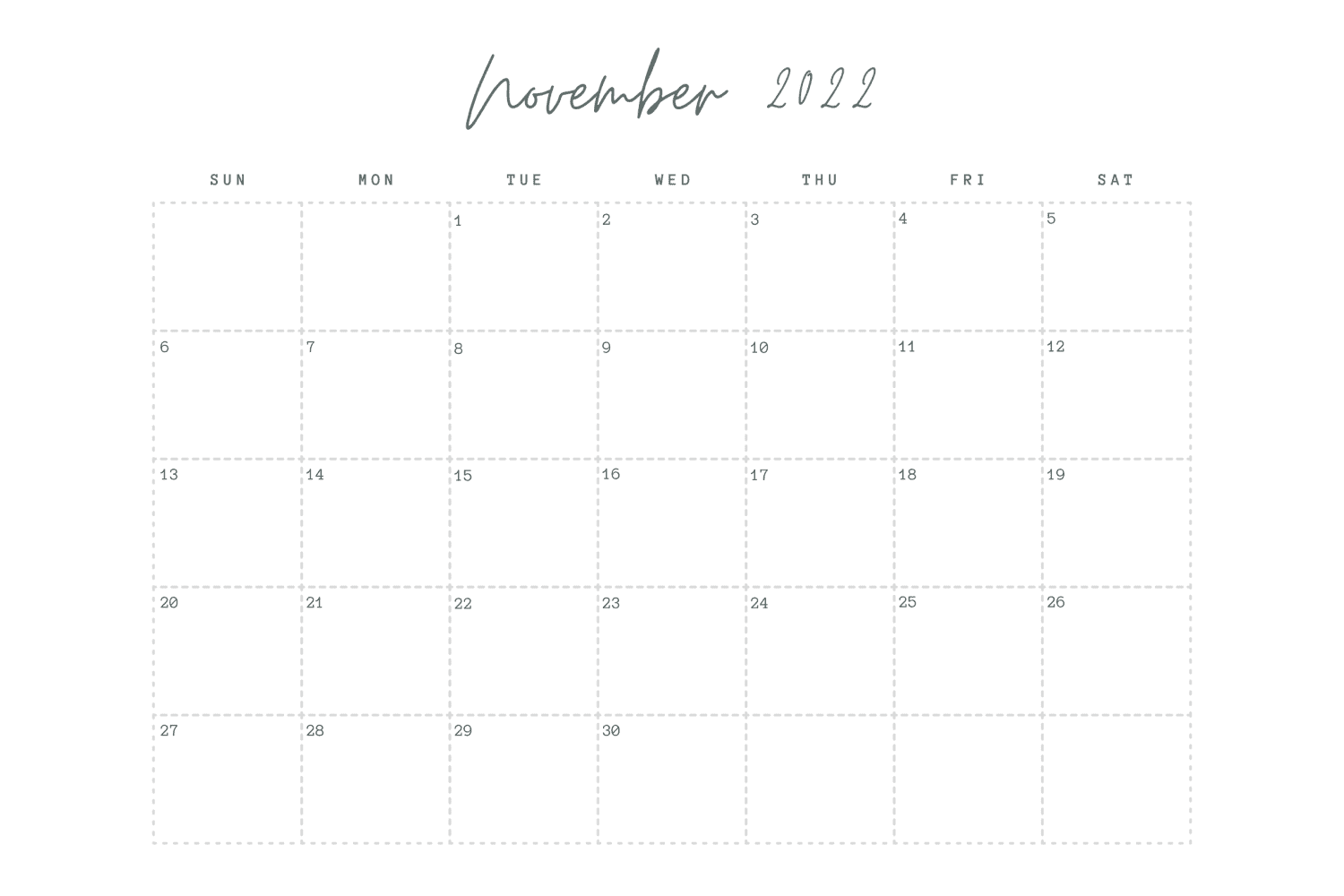 Minimalistic calendar for november with dotted lines between dates.