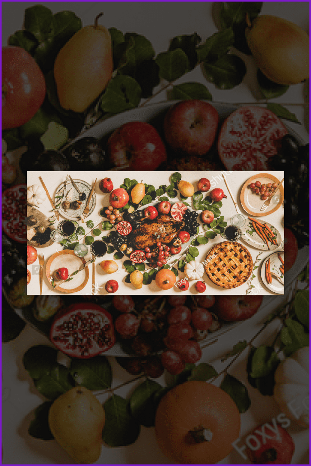 An image of roasted turkey, vegetables, cheese board, and apple pie with pumpkins, fruit, and leaves.