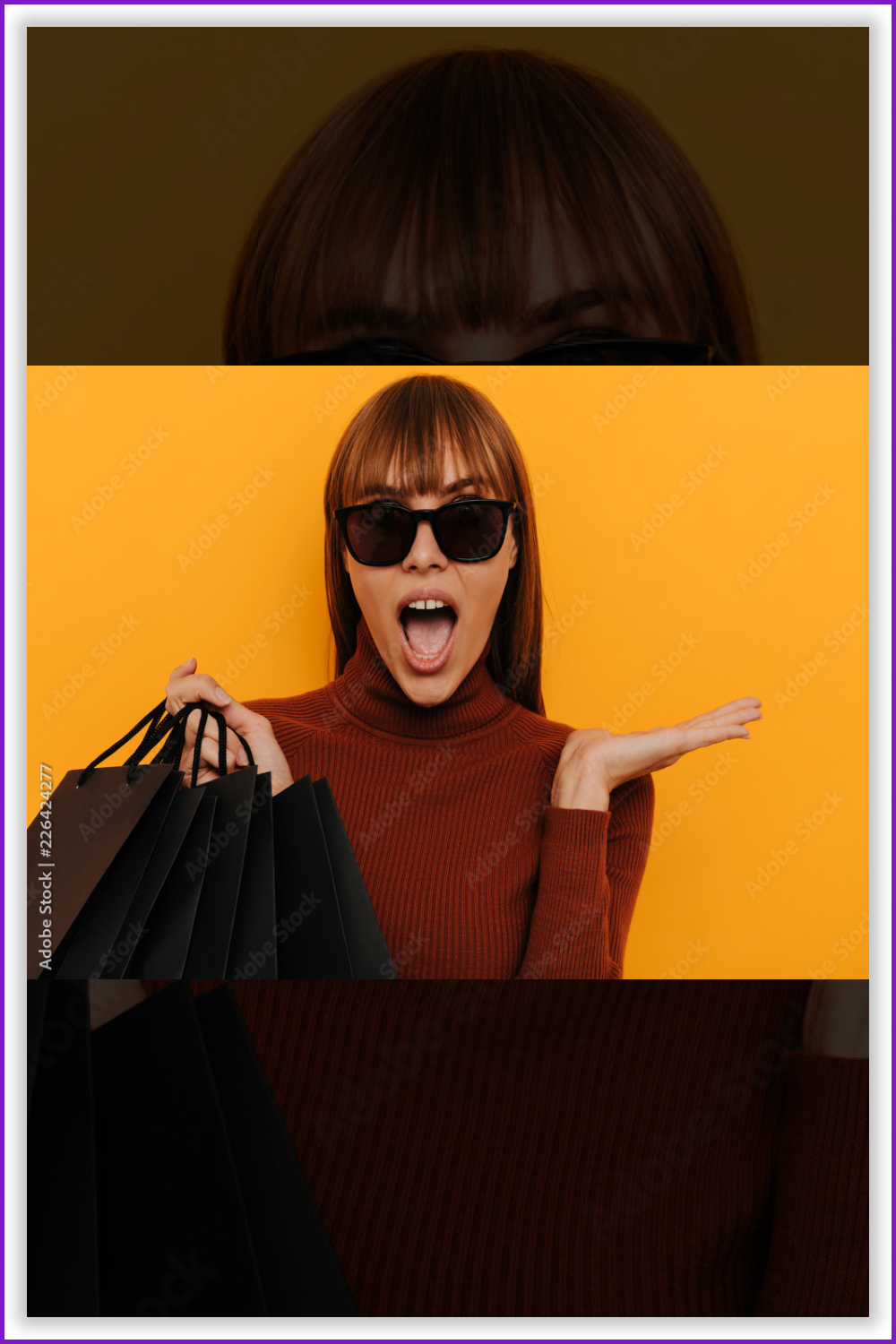 Woman in sunglasses with black paper shopping bags.