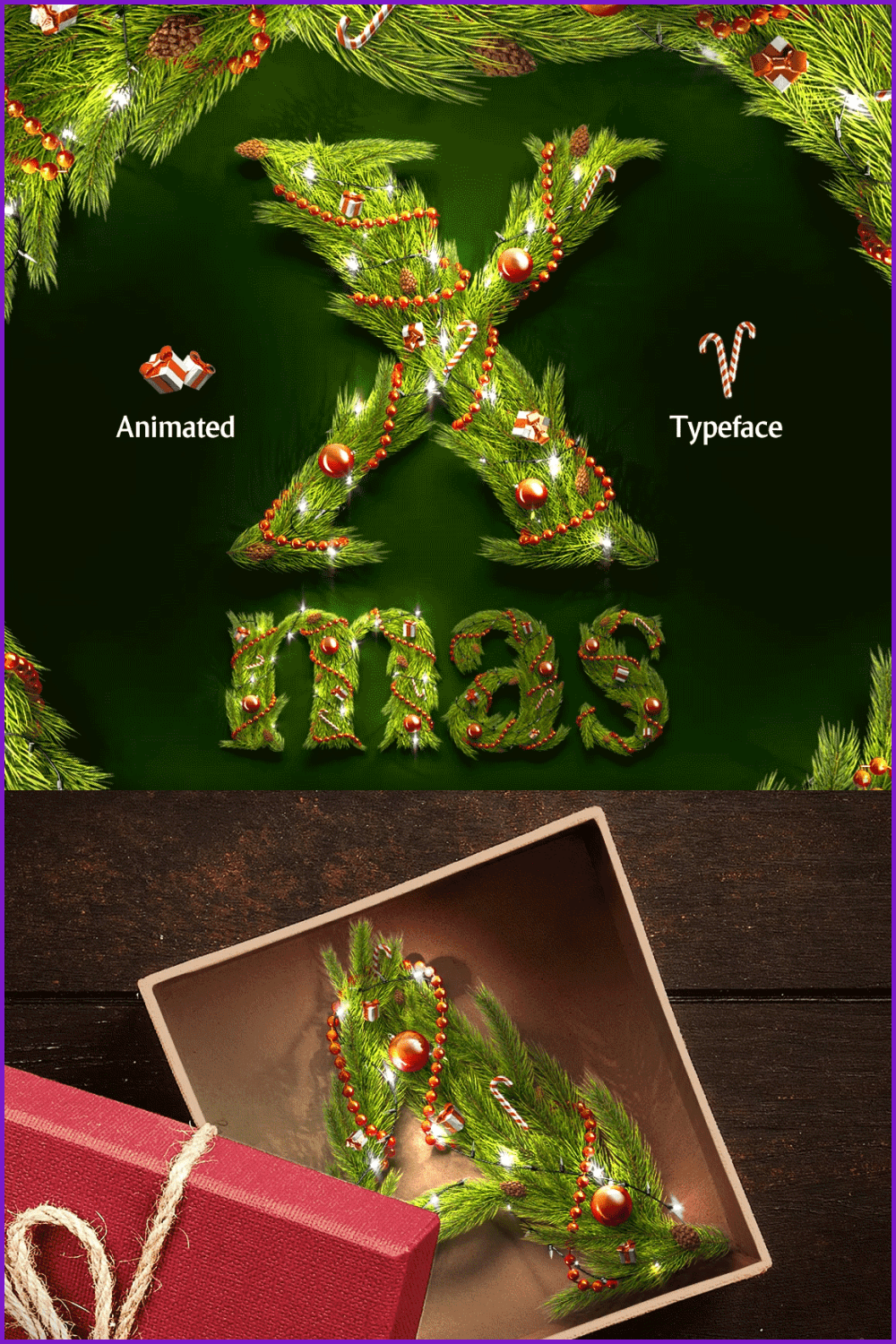 A collage of photos with large letters made from Christmas tree branches and decorated with garlands and toys.