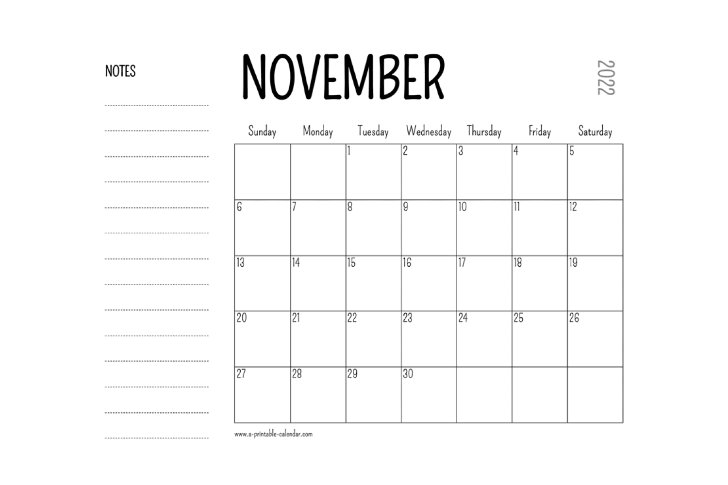November calendar with black lines between dates and space for notes on the left.