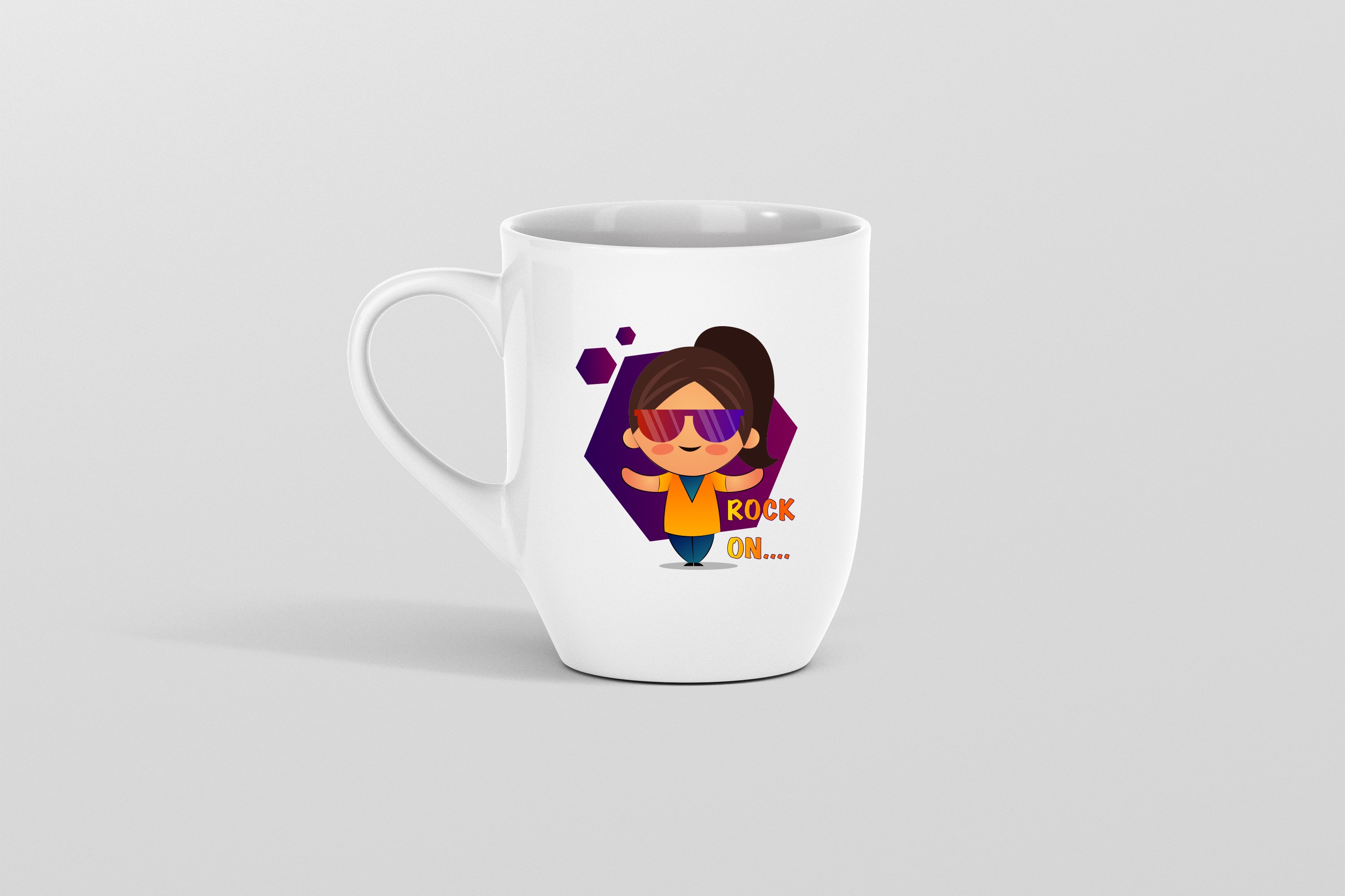 Image of a white cup with a funny girl emoticon.