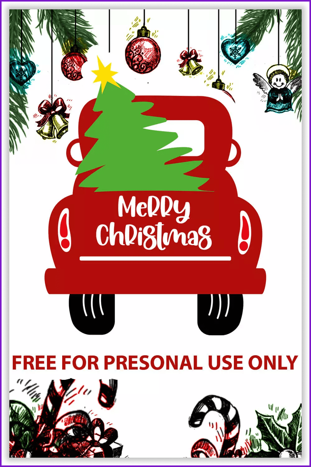 Drawing of a red car with a Christmas tree in the trunk.