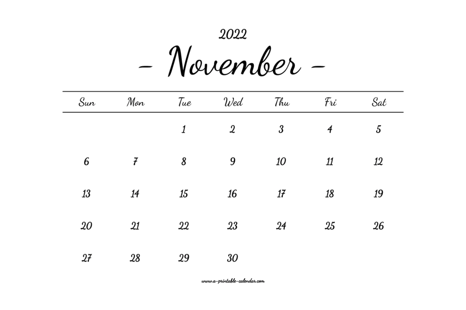 November calendar with black lines highlighting days.
