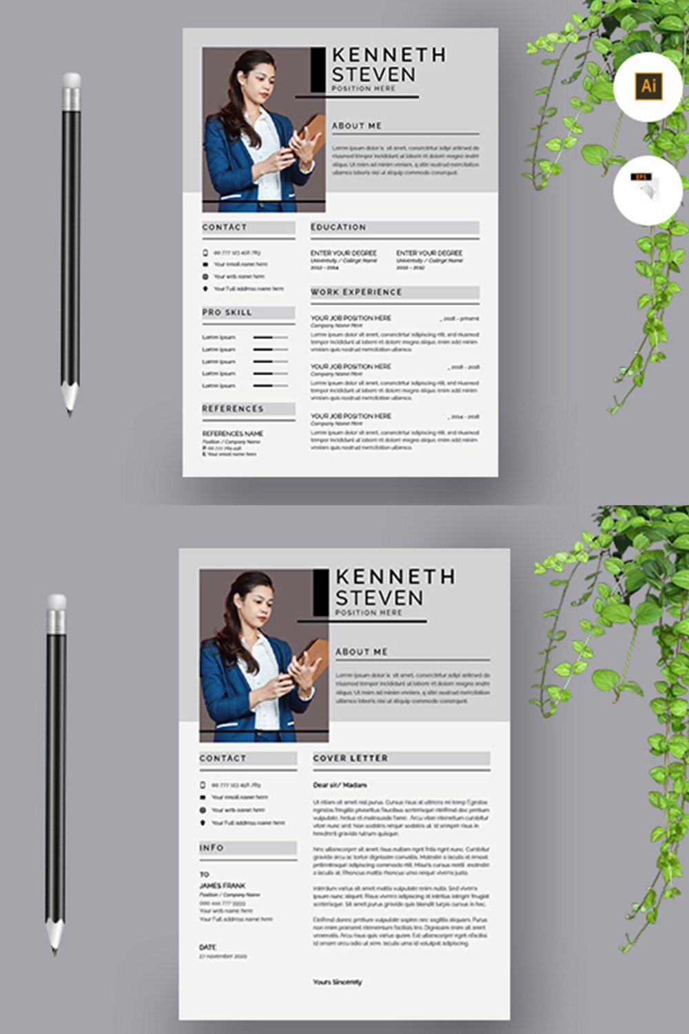 Set of two resume templates with a green plant.