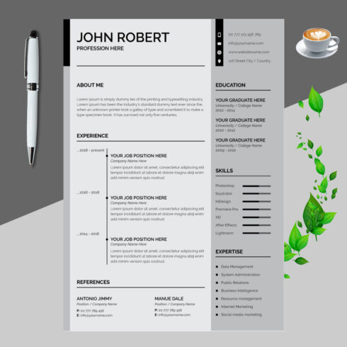 Clean and modern resume with a cup of coffee.