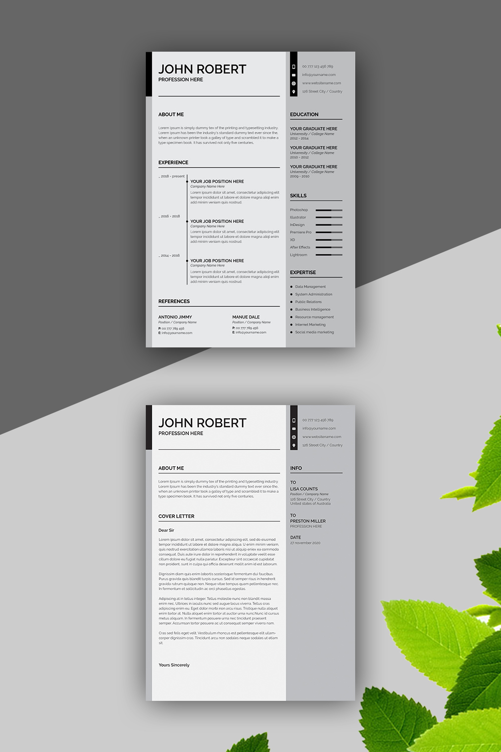 Clean Modern Resume and Cover Letter Layout Vector Template pinterest image.