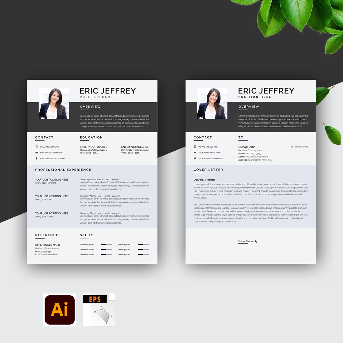 Two professional resume templates on a table.