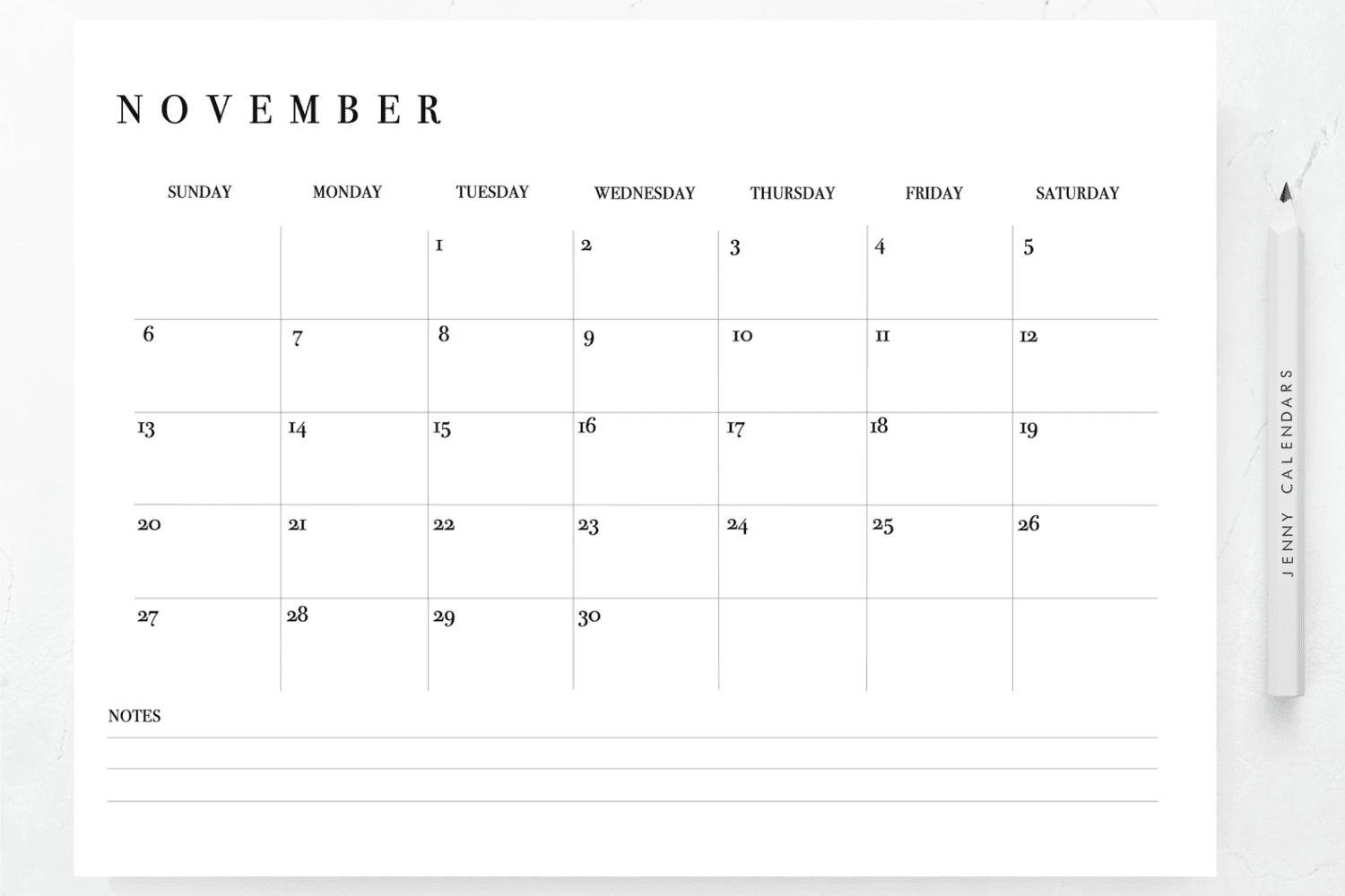 November calendar with clear style and pencil.