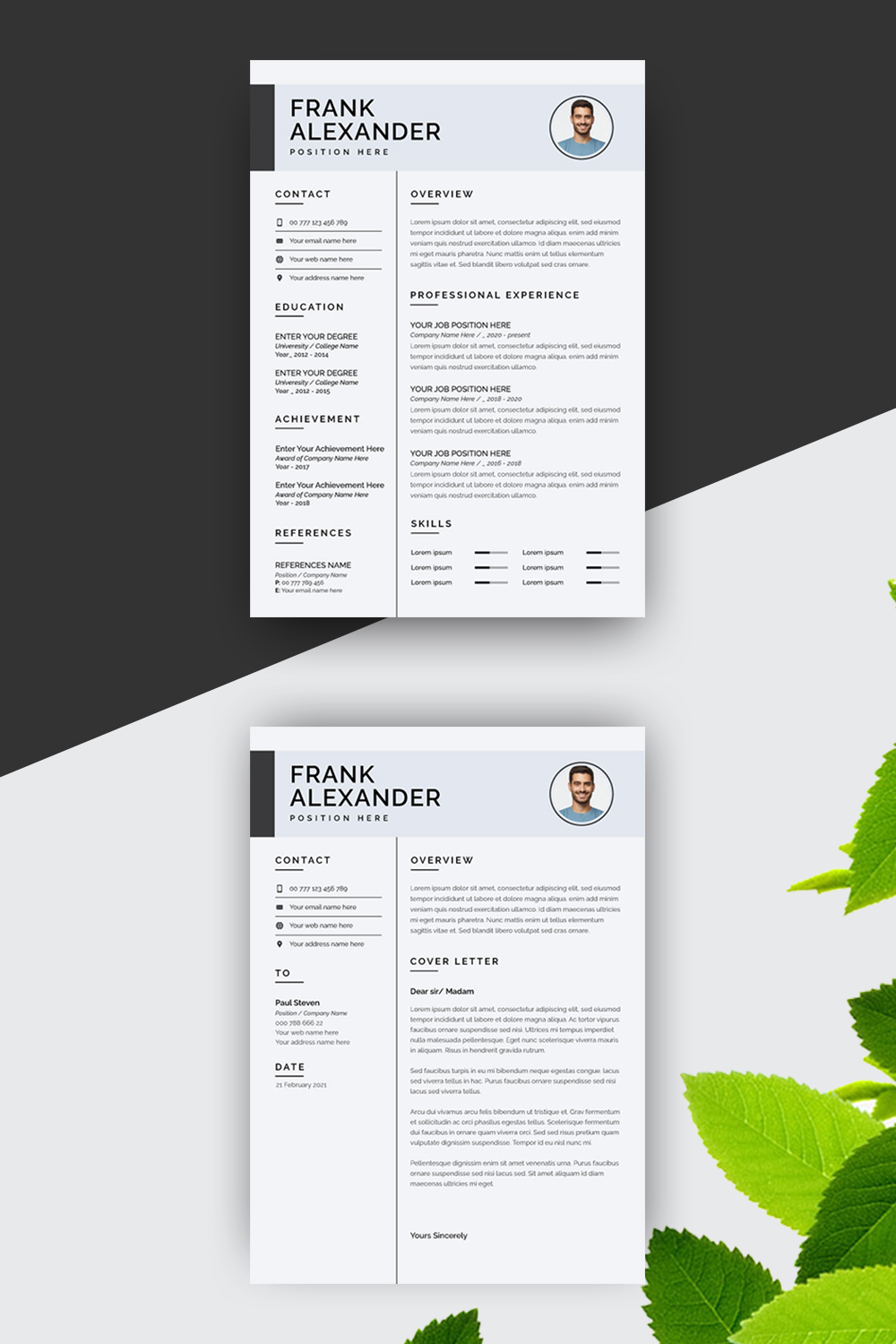 Two resume templates with green leaves on a black and white background.