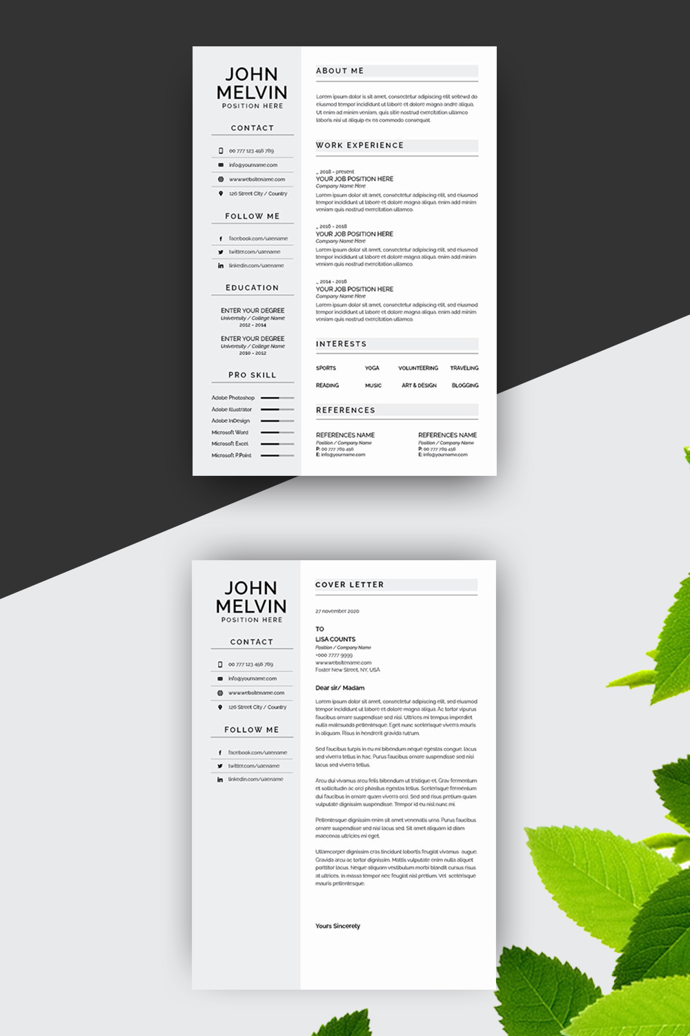 Two pages of a resume on a white and black background.