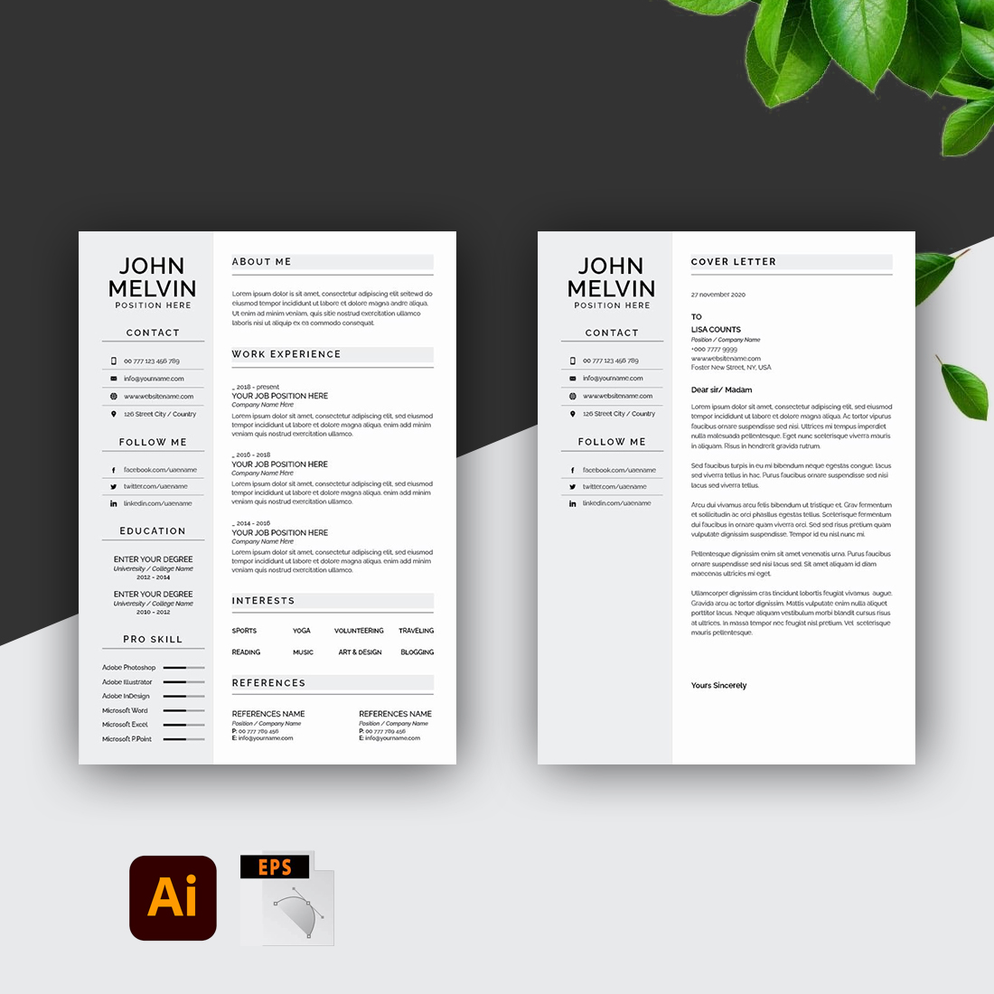 Two resume templates with green leaves on a black and white background.