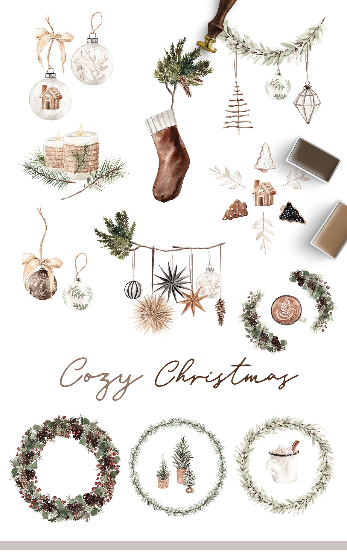 A set of different christmas elements and 3 christmas wreath on a white background.