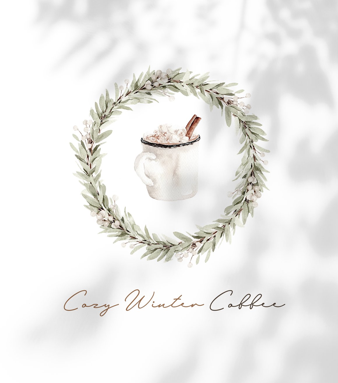 An illustration of a christmas wreath and cup of coffee and brown lettering "Cozy Winter Coffee" on a white background.