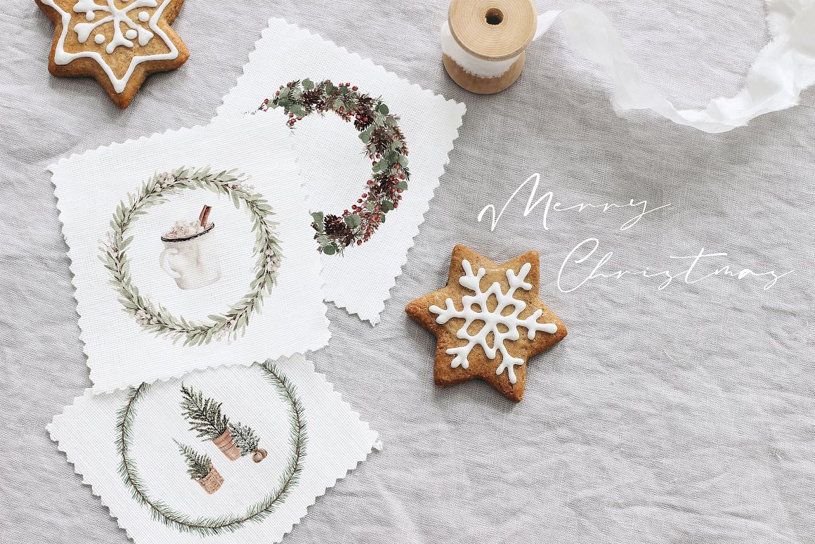 White lettering "Merry Christmas" and 3 different white cards with a christmas compositions on a gray background.