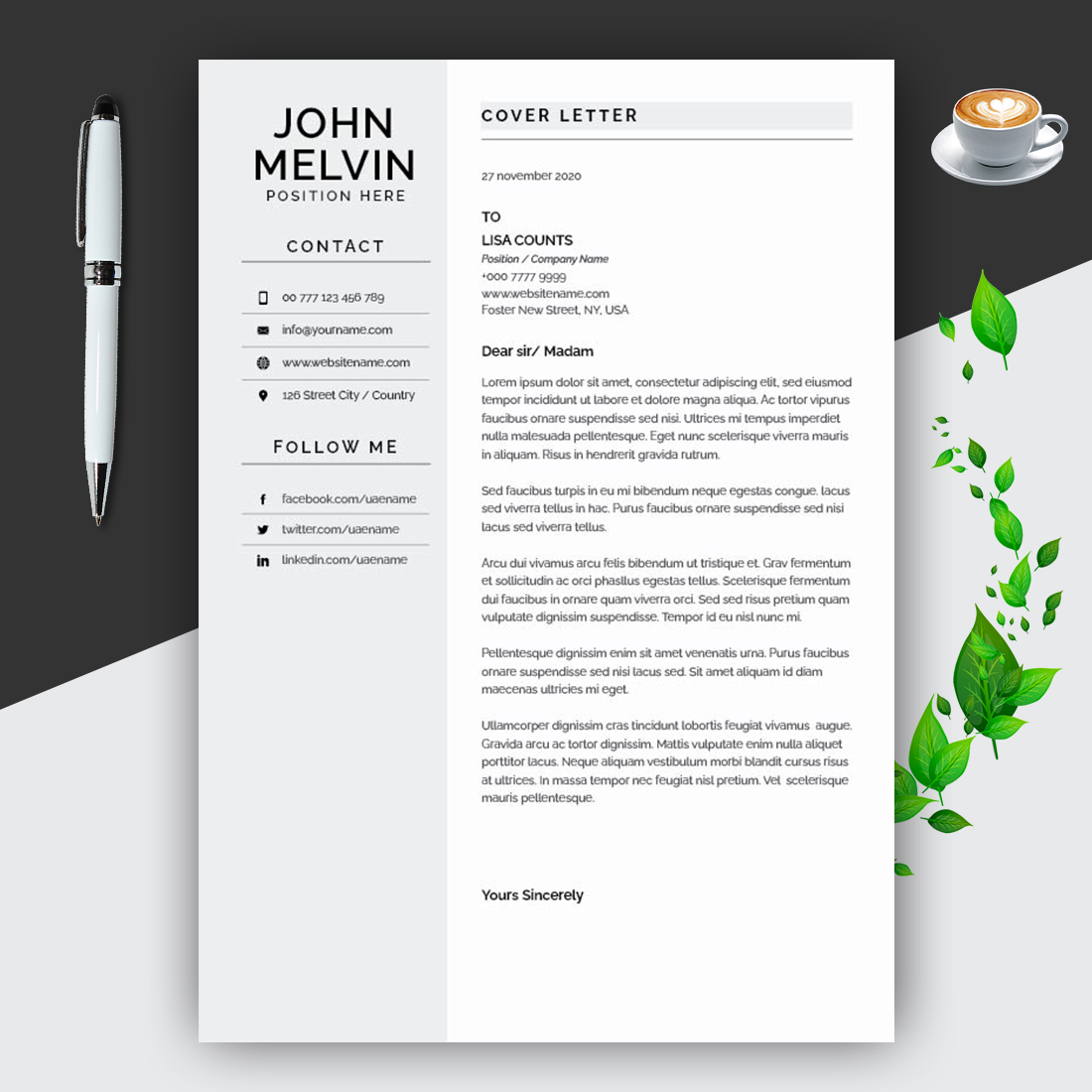 Professional resume template with a cup of coffee.