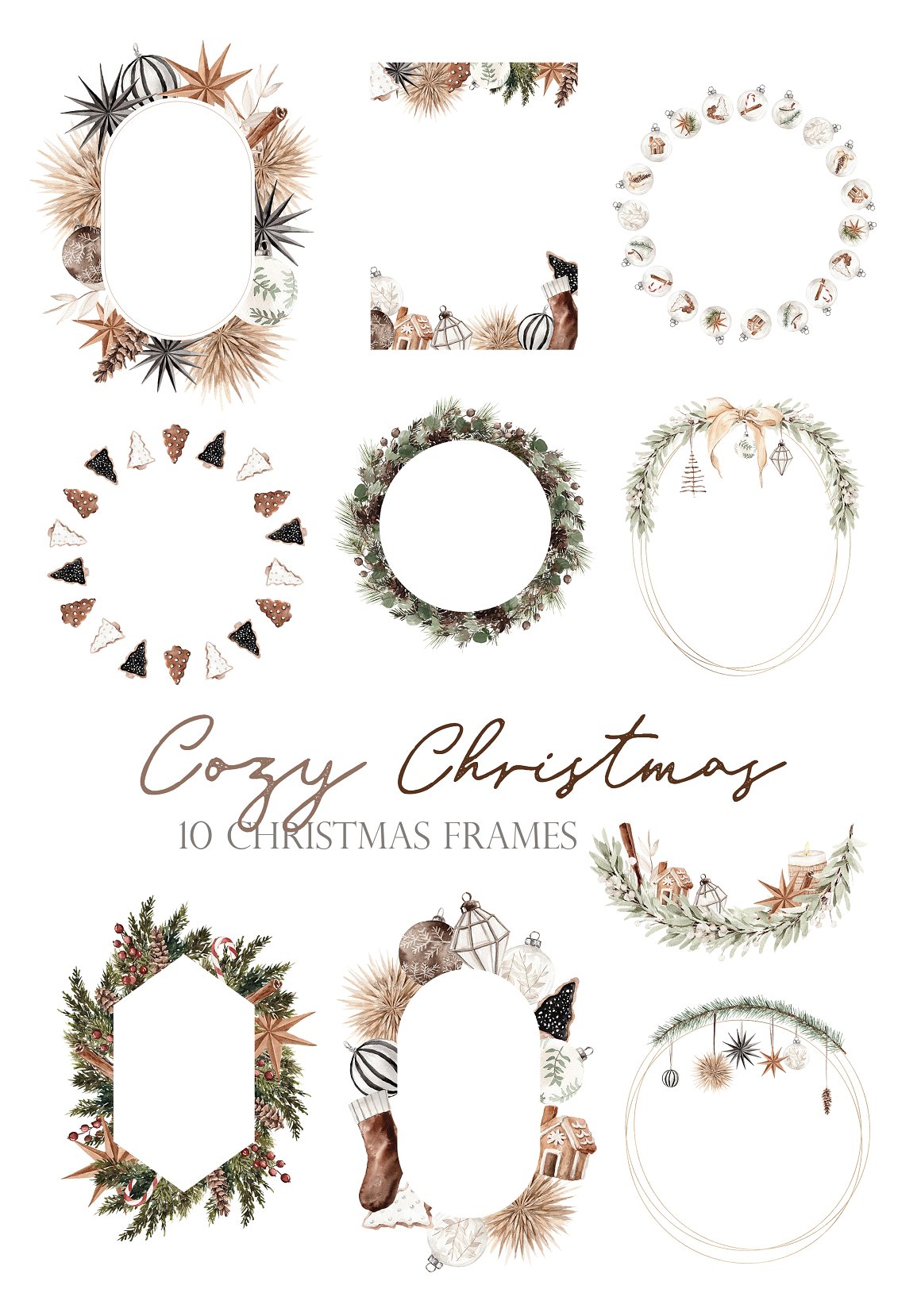 A set of 9 different christmas frames on a white background.