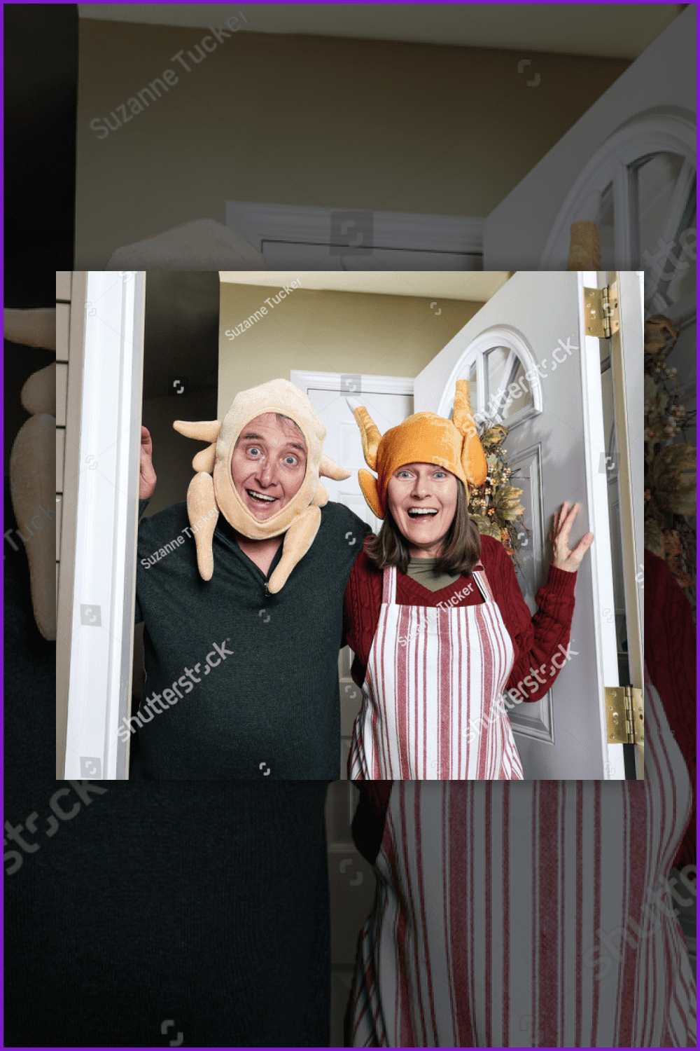 Cute photo of a couple wearing funny turkey hats.