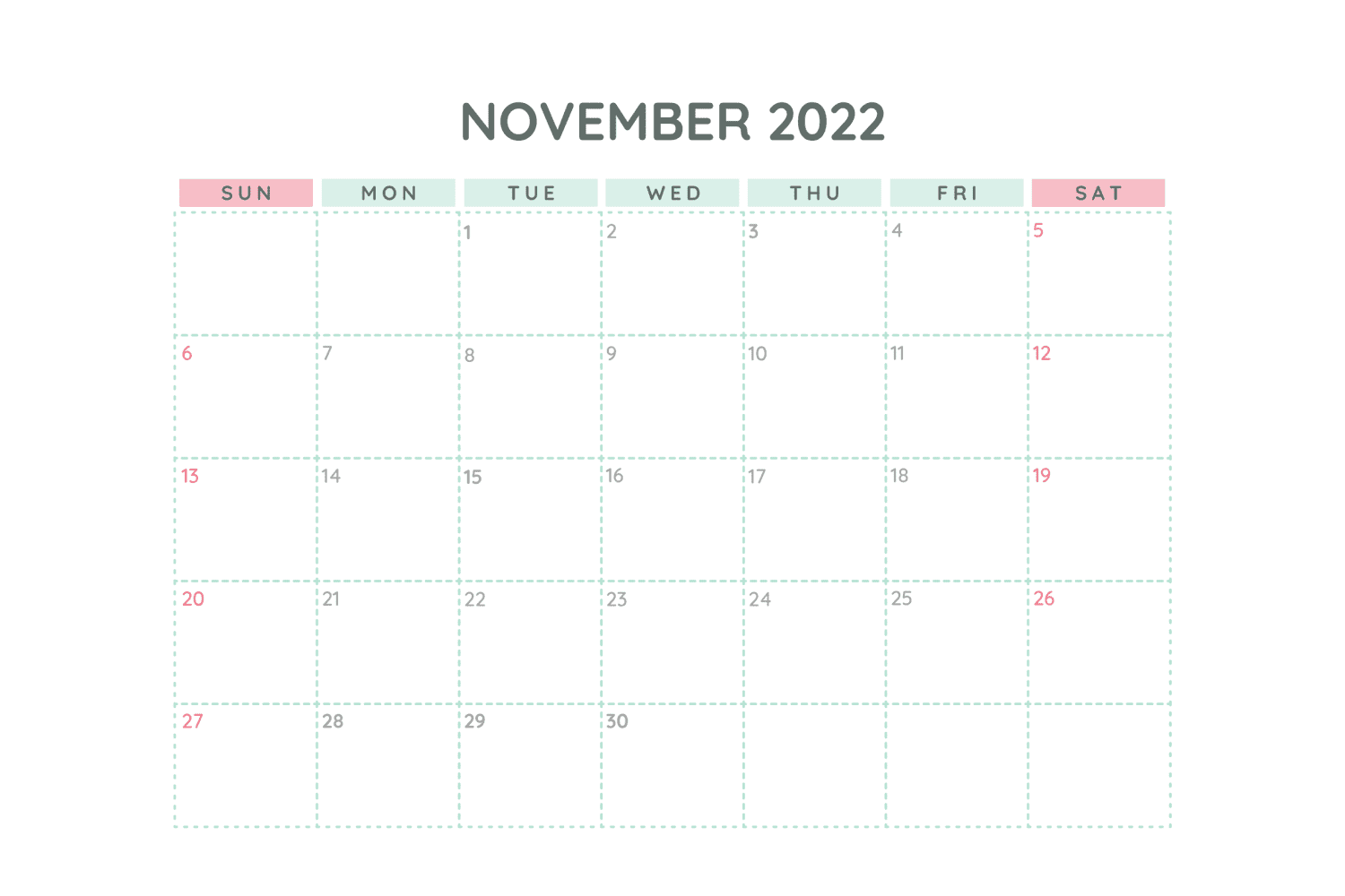 Calendar for November with green dotted lines and red colors for the weekend.