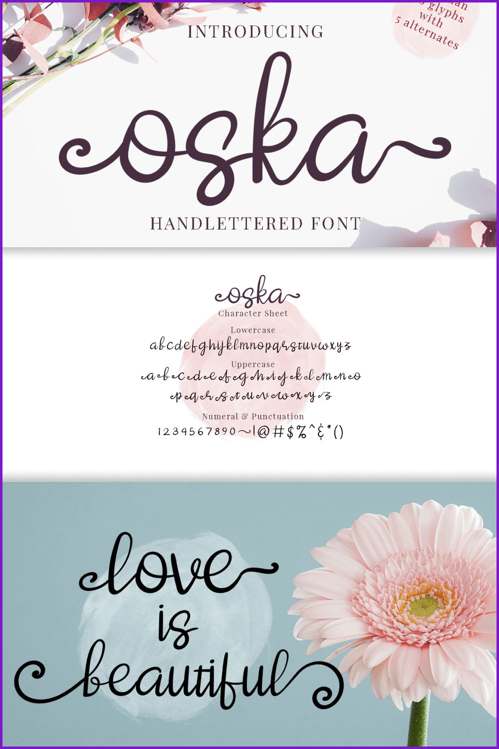 Collage of Oska font images on white, pink and blue backgrounds.