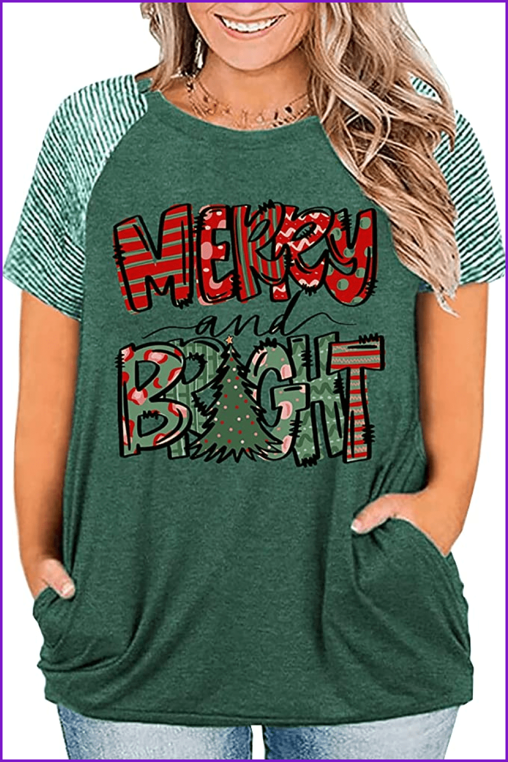 T-shirt with bright green color, big letters, exciting font, and a small Christmas tree.