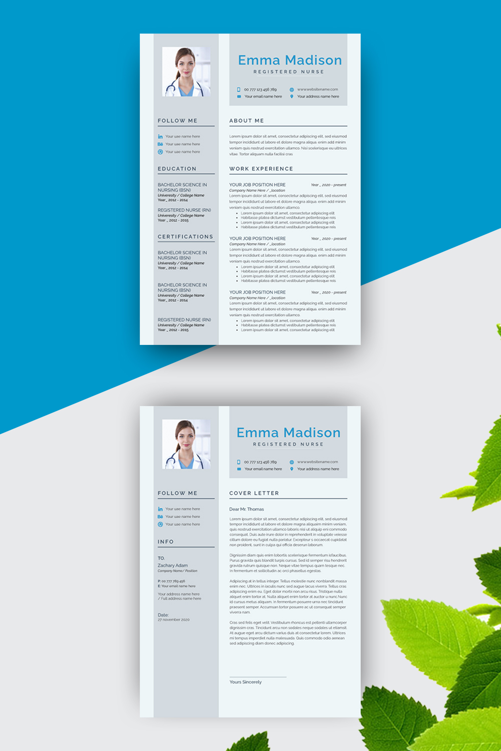 Two pages of a resume on a blue and white background.