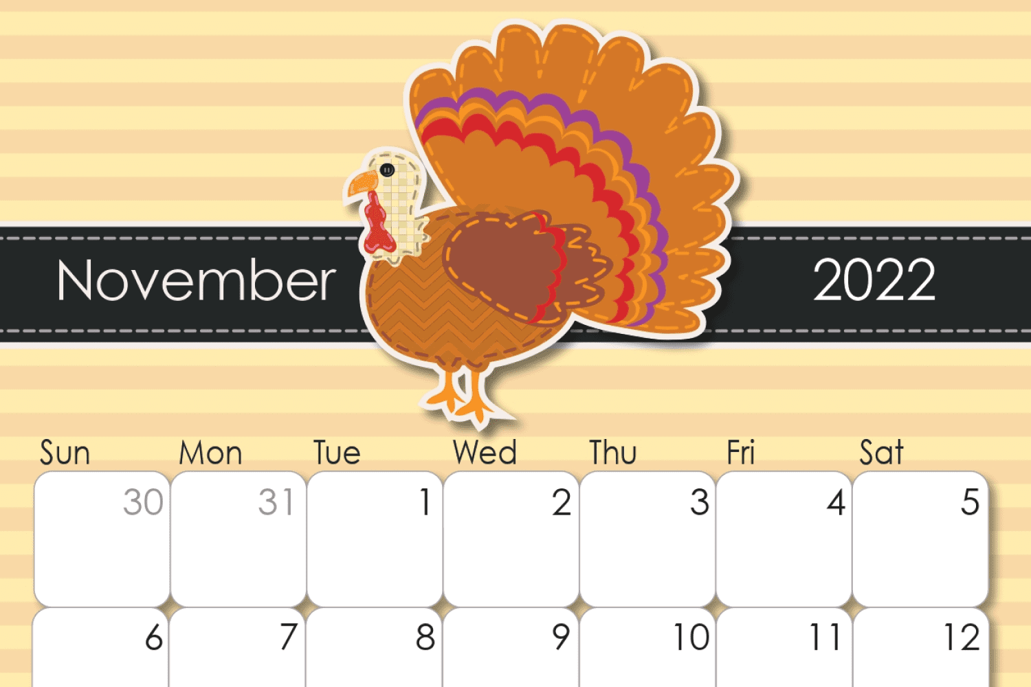 Calendar for november with big drawn turkey.