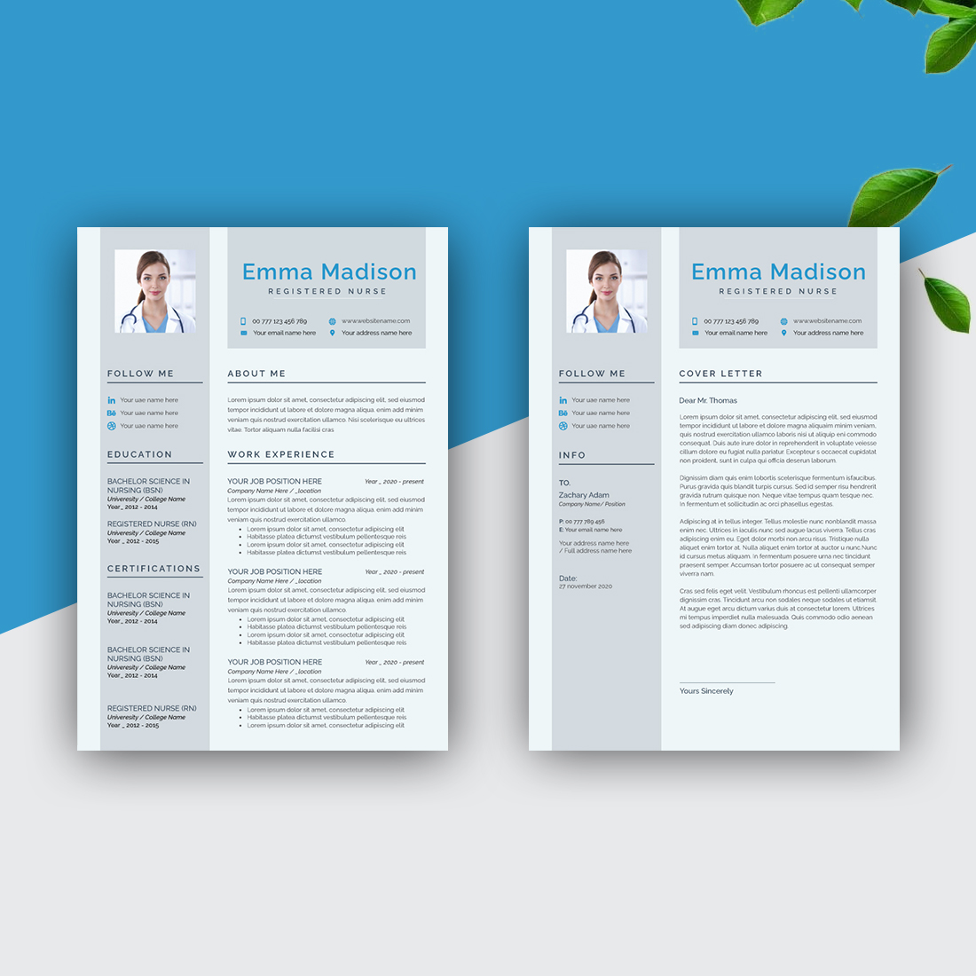 Two resume templates on a blue and white background.