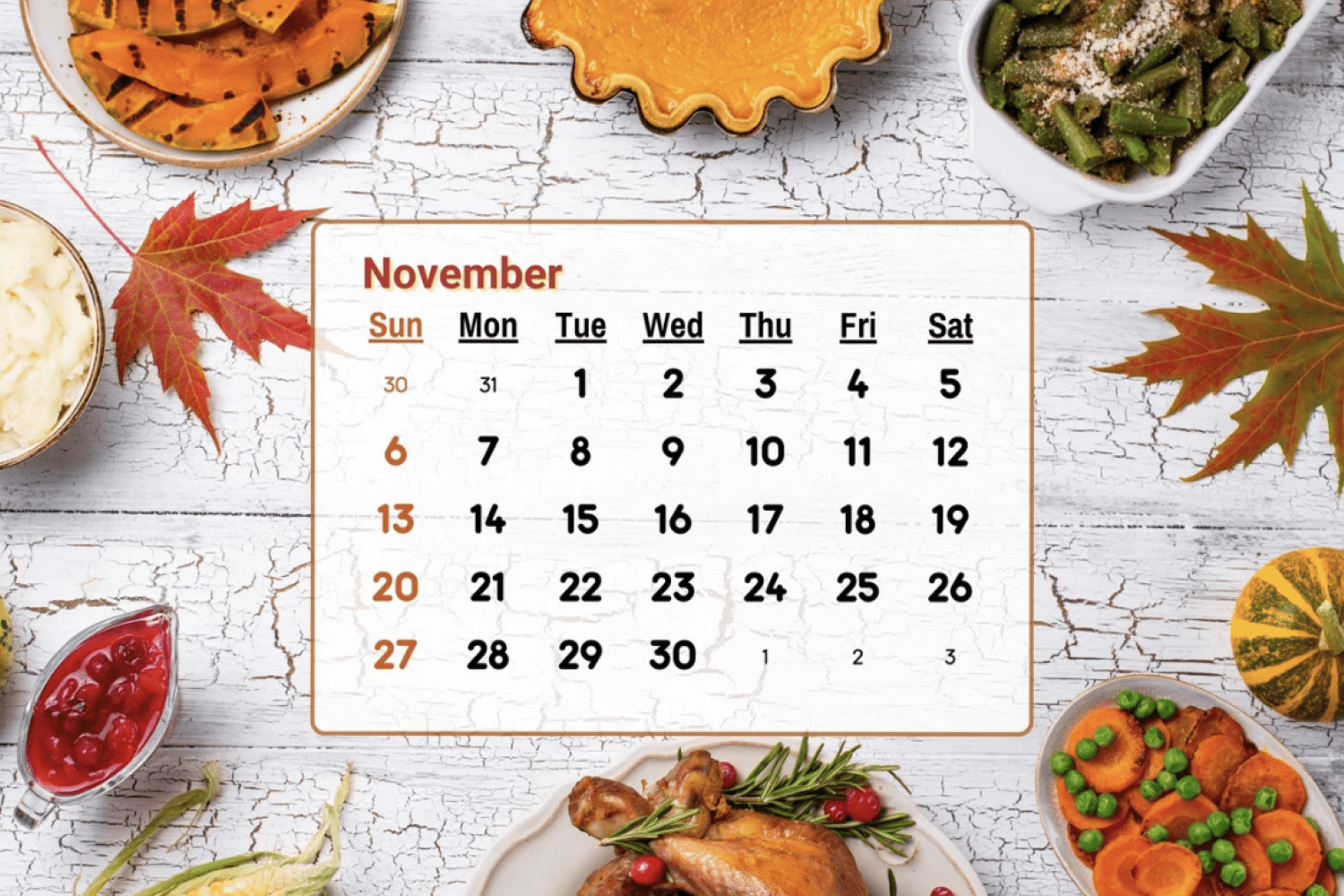 Calendar for november on the background of the table with salads and roasted turkey.